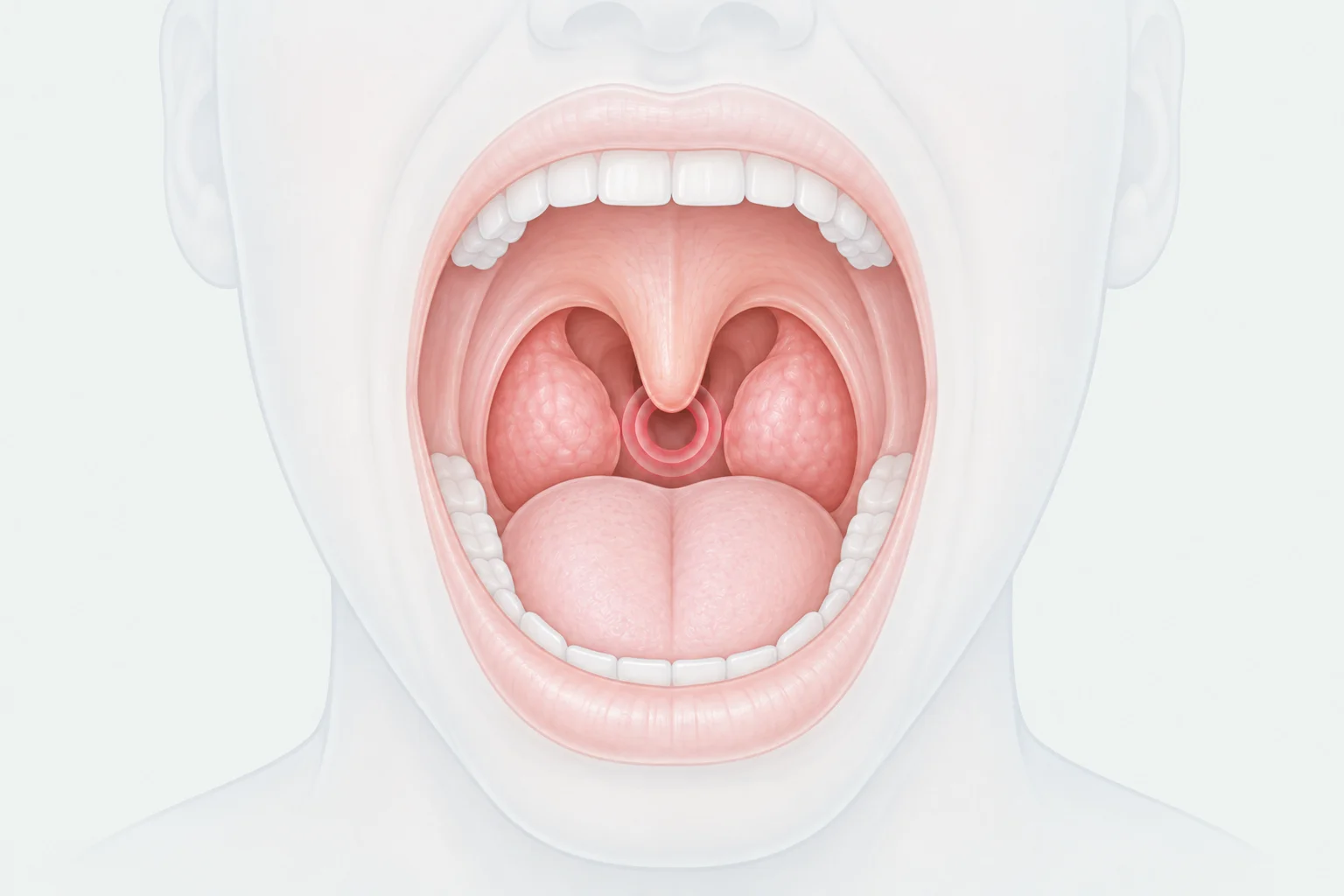 입을 벌린 정면 도해. 목젖과 늘어진 연구개, 양옆의 커진 편도 사이로 목구멍 뒤 숨길이 좁아진 자리가 표시되어 있다.